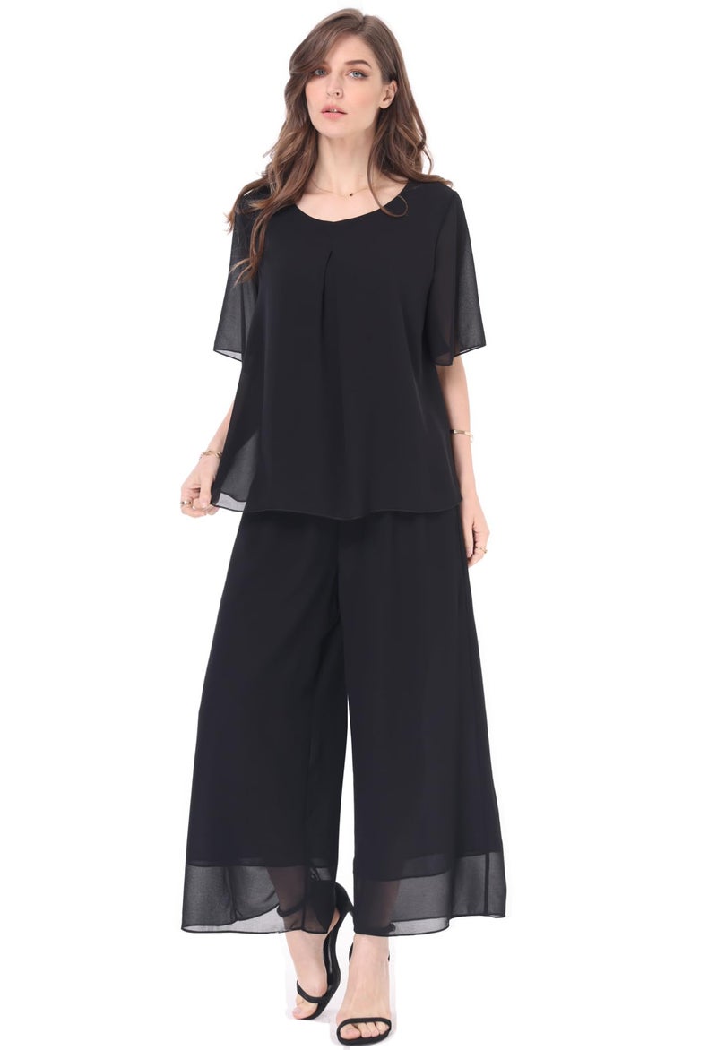 heipeiwa Women's 2 Piece Chiffon Sets Outfits Flowy Summer Casual Dressy Pantsuits Loose Double Layers Blouse Pants Sets Black - Image 1