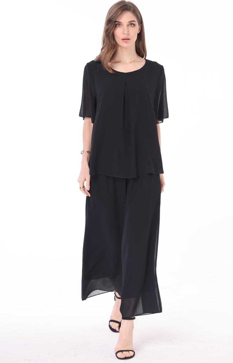 heipeiwa Women's 2 Piece Chiffon Sets Outfits Flowy Summer Casual Dressy Pantsuits Loose Double Layers Blouse Pants Sets Black - Image 5