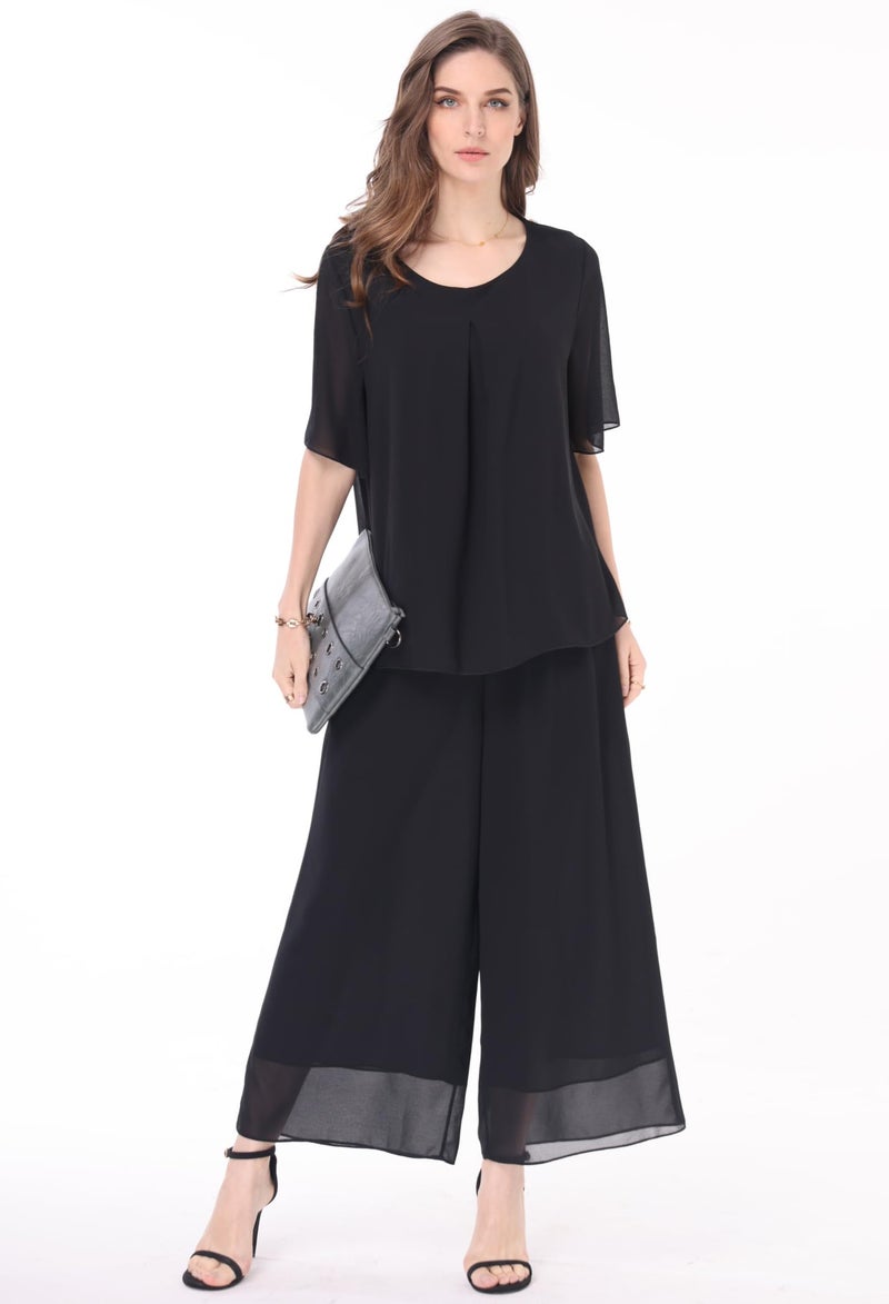 heipeiwa Women's 2 Piece Chiffon Sets Outfits Flowy Summer Casual Dressy Pantsuits Loose Double Layers Blouse Pants Sets Black - Image 3