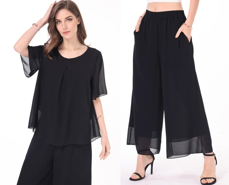 heipeiwa Women's 2 Piece Chiffon Sets Outfits Flowy Summer Casual Dressy Pantsuits Loose Double Layers Blouse Pants Sets Black - Image 2