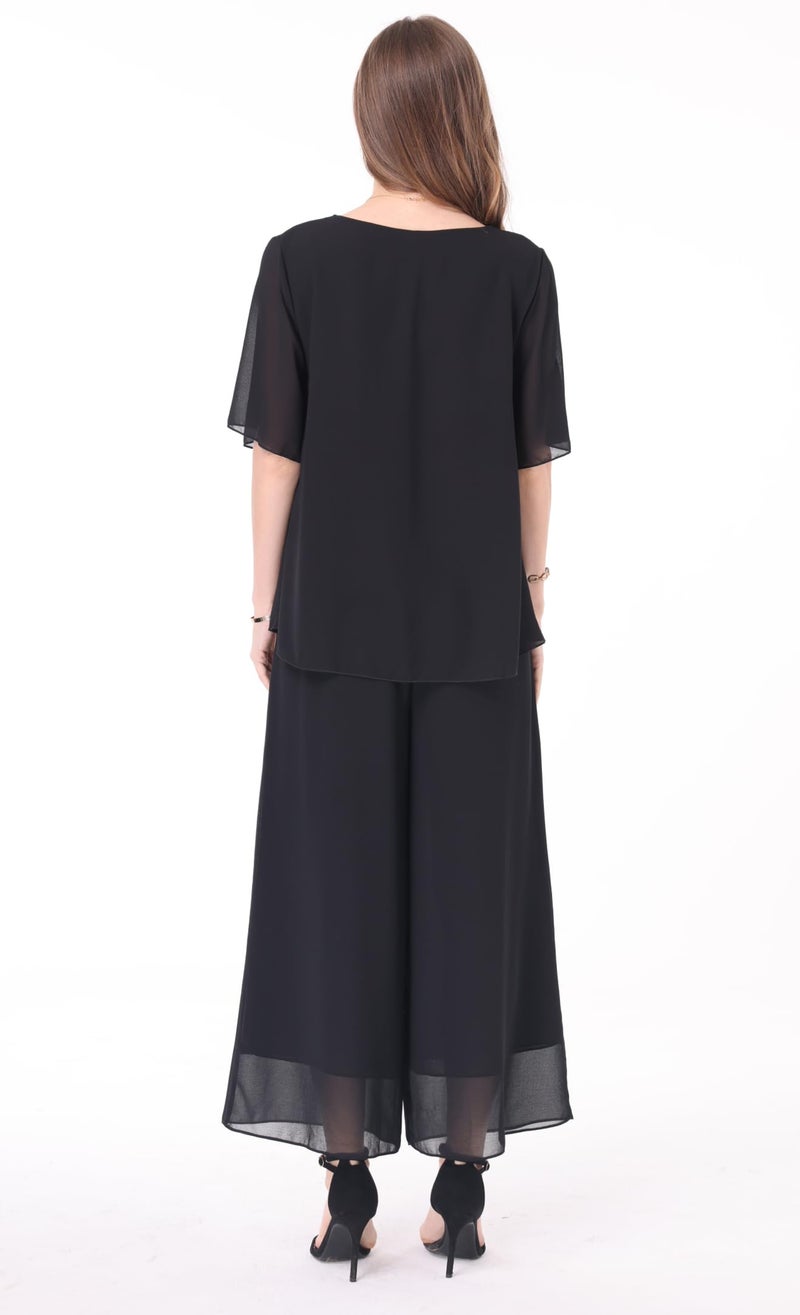 heipeiwa Women's 2 Piece Chiffon Sets Outfits Flowy Summer Casual Dressy Pantsuits Loose Double Layers Blouse Pants Sets Black - Image 4
