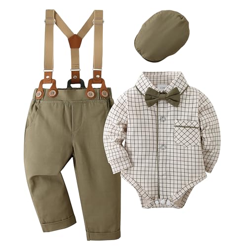 CARETOO Baby Boy Formal Outfits Baby Boy Wedding Outfit Dress ShirtBowtieSuspender Pants Set Green 03Months - Image 1