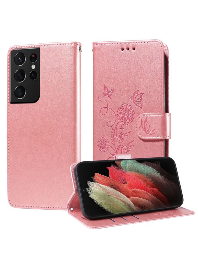 S-TOP Case For Samsung Galaxy S21 Ultra 5G Embossed Butterfly Flowers Leather Phone Case - Image 1
