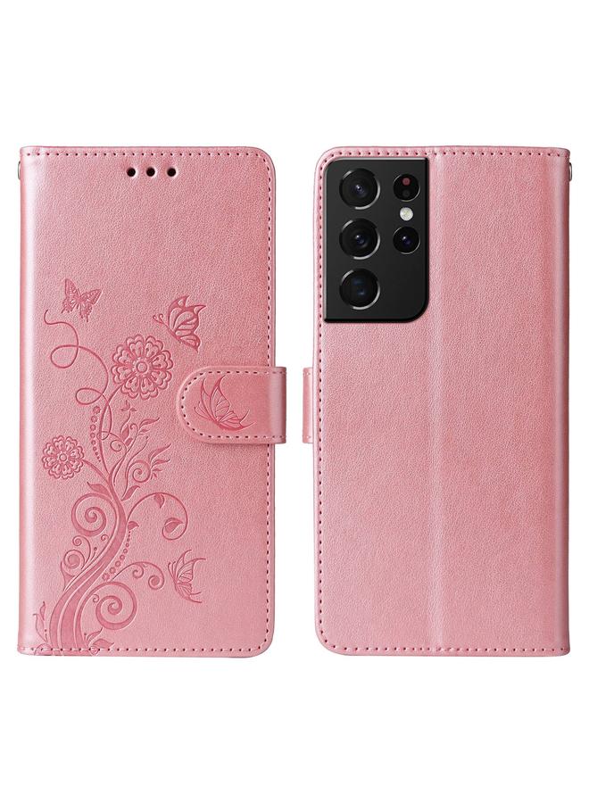 S-TOP Case For Samsung Galaxy S21 Ultra 5G Embossed Butterfly Flowers Leather Phone Case - Image 3