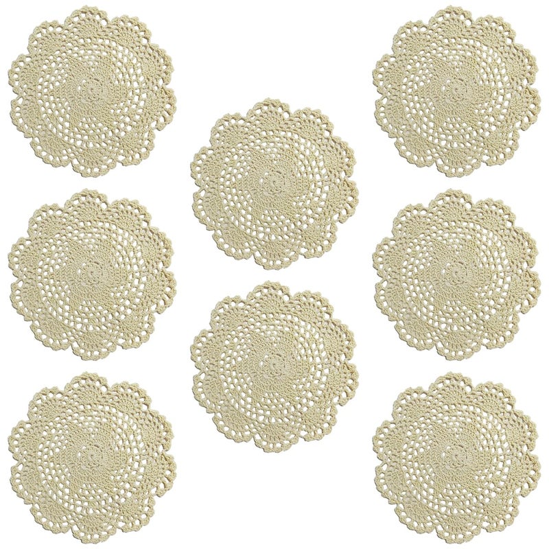 Phantomon 8 Inch Doilies Crochet Round Lace Doily Handmade Placemats 100 Cotton Crocheted Coasters Flower Design Pack of 8 Beige