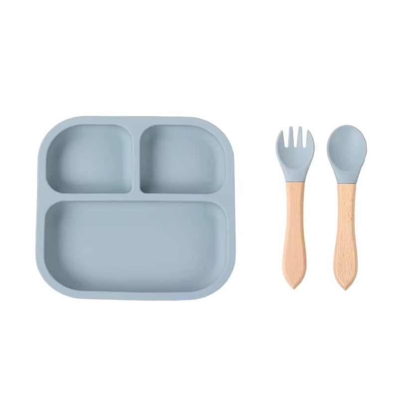 NIRVITTHAL Baby FeedingPlate, Silicone Divided Suction Plate, Toddler Wooden Spoons & Forks| Baby Led Weaning Supplies Self Feeding Eating Utensils (Grey) - Image 1