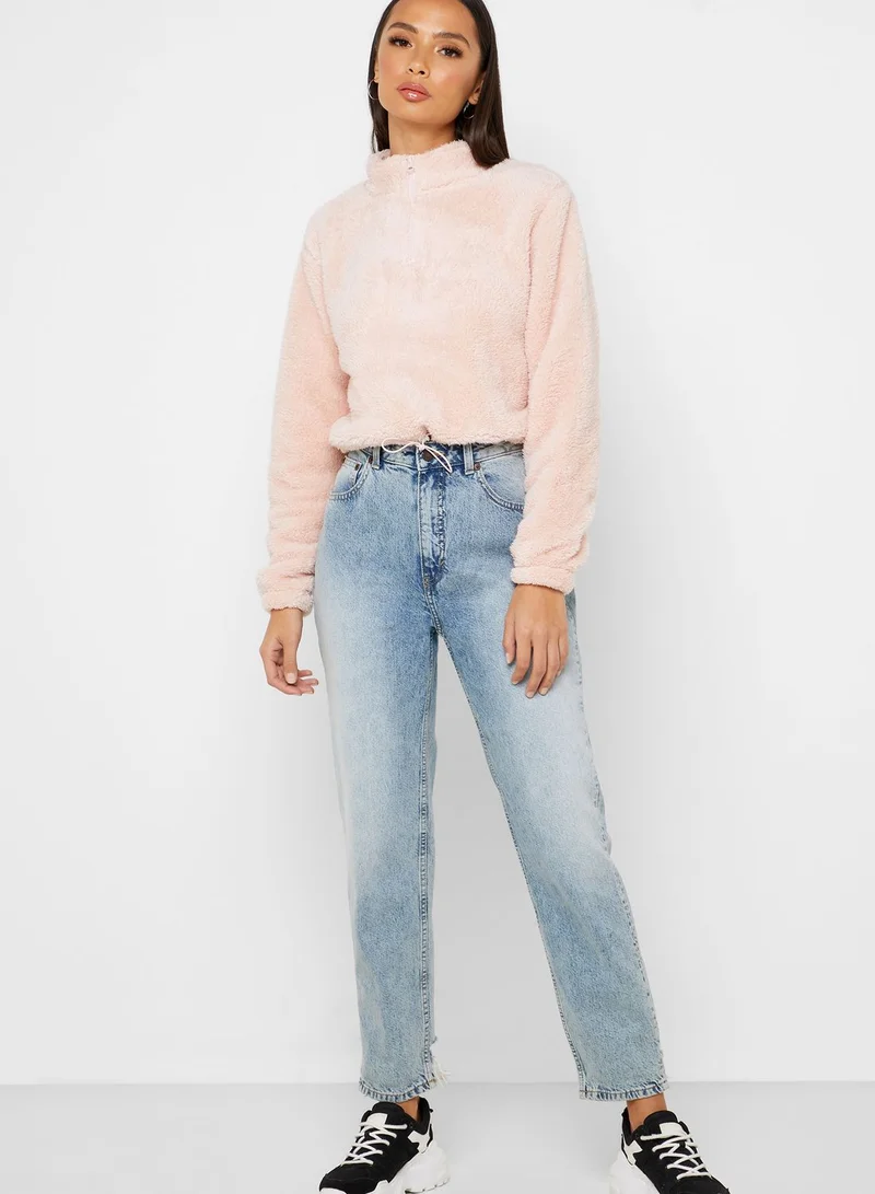 FOREVER 21 Zip Detail Teddy Sweater