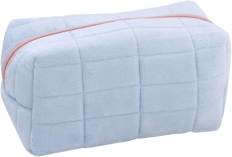 ccHuDE Plush Makeup Bag Cute Cosmetic Bag Solid Color Travel Toiletry Bag Small Skin Care Pouch Fuzzy Makeup Zipper Bag Blue