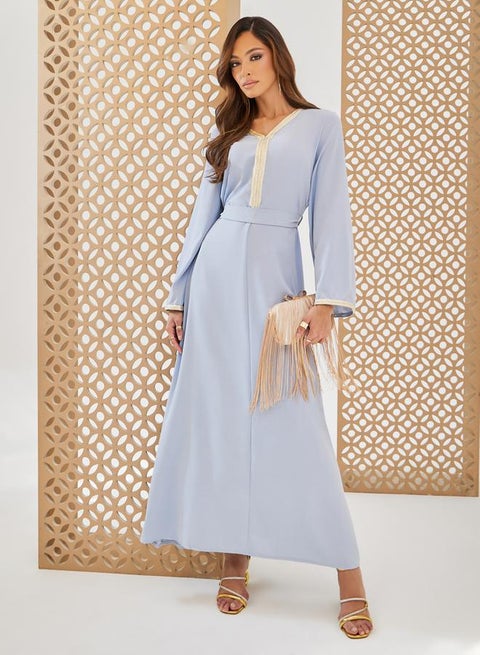 Styli Plain Tie-Back Jalabiya with Lace Trim