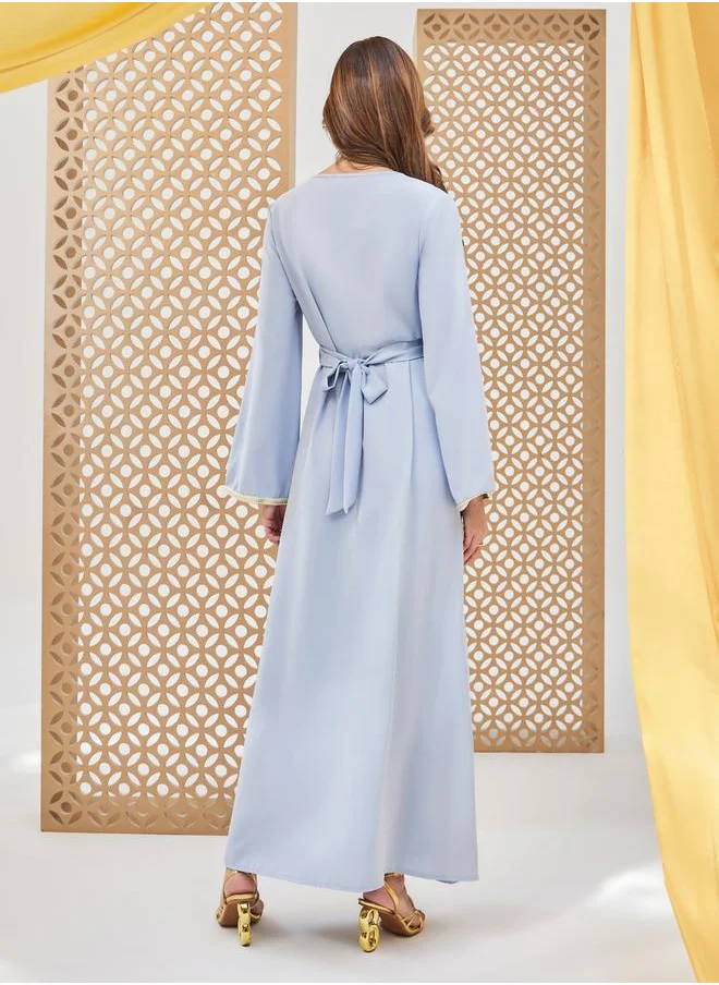 Styli Plain Tie-Back Jalabiya with Lace Trim
