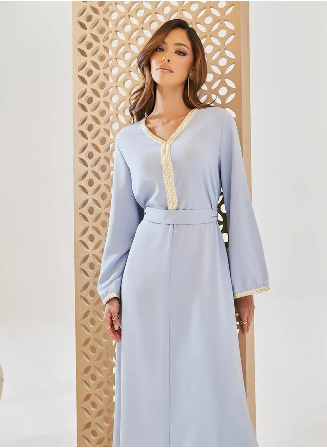 Styli Plain Tie-Back Jalabiya with Lace Trim