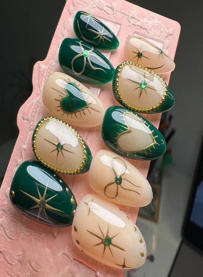 Gold Press On Nails Short Almond Fake Nails With Designs 3D Gold Star Bow Heart Rhinestones False Nails Green Full Cover Acrylic Nails Glue On Nails Artificial Stick On Nails For Women Manicure 30Pcs