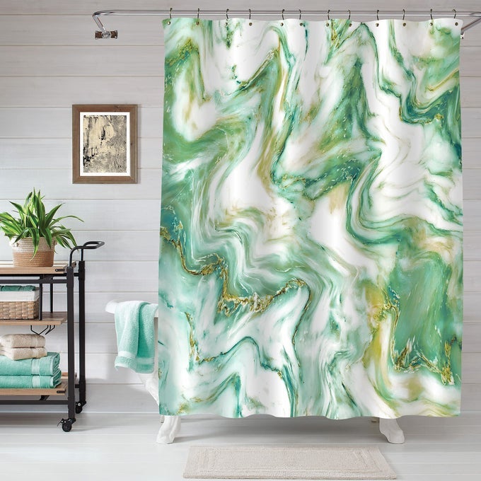 GREEN MARBLE SHOWER CURTAIN SET TURQUOSIE MODERN SHOWER CURTAIN FOR BATHROOM DECOR TEAL ABSTRACT STANDARD SHOWER CURTAIN FOR BATHTUB WATERPROOF FABRIC SHOWER CURTAIN 72 X 72