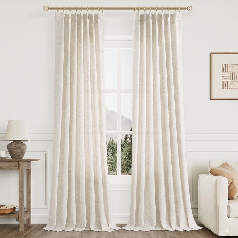 Aersas Pinch Pleated Linen Curtains 108 Inches long for Living Room 2 Panels Set Cream Beige Flax Pleat Drapes Back Tab Semi Sheer Neutral Boho Ceiling to Floor 108 Inch Curtains for Bedroom Window 9 FT - Image 1