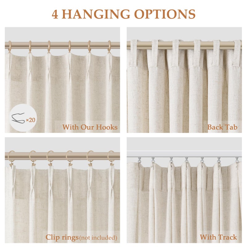 Aersas Pinch Pleated Linen Curtains 108 Inches long for Living Room 2 Panels Set Cream Beige Flax Pleat Drapes Back Tab Semi Sheer Neutral Boho Ceiling to Floor 108 Inch Curtains for Bedroom Window 9 FT - Image 2