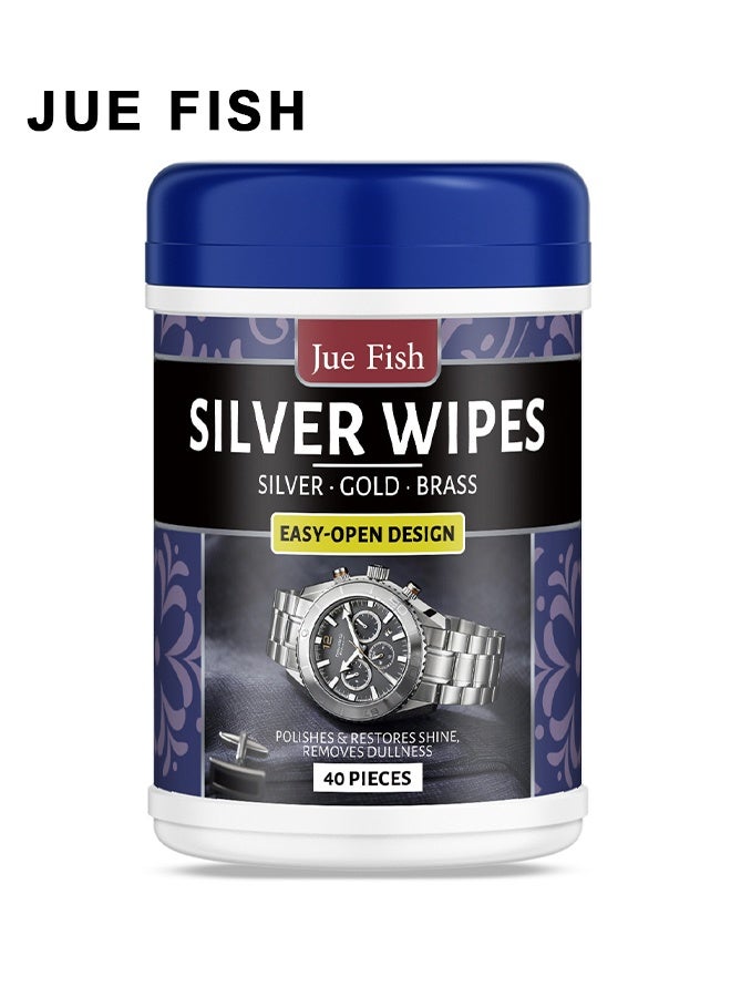 JUE FISH 40 Pieces Jewelry Polish Cleaner Sliver Wipes, Jewelry Cleaner Wipes Remover, Instant Silver Cleaner Wipes For Home & Kitchen Use, Instant Silver Cleaner Wipes Without Silver Loss (Silver Polish) - Image 1