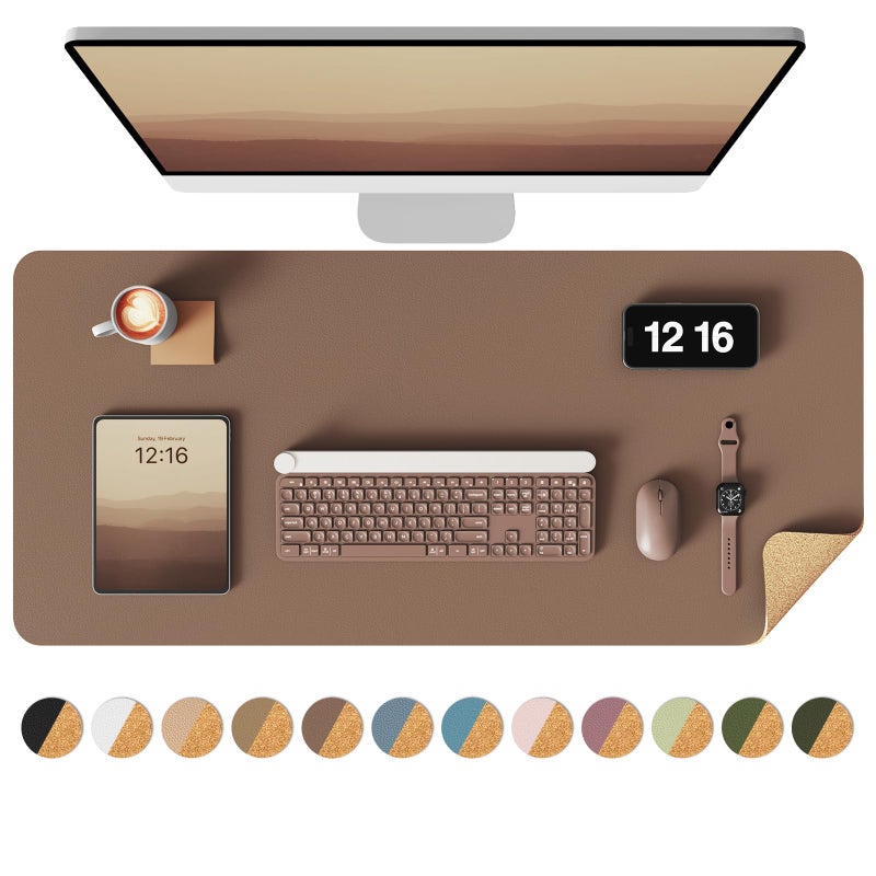YSAGi Double-Sided Desk Pad, 35.4"x17"Leather Desk Mat, Eco Cork Desk Pad Protector,Large Mouse Pad,Waterproof Desk Blotter for Office/Home(Coffee) - Image 1
