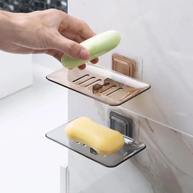 Favhome Wall Mounted Self Adhesive Soap Box Holder With Drain Soap Case With Classic Transparent Design For Modern Bathrooms Kitchen - Mix Colors - Pack Of 2 Pieces - Plastic - Image 5