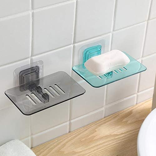 Favhome Wall Mounted Self Adhesive Soap Box Holder With Drain Soap Case With Classic Transparent Design For Modern Bathrooms Kitchen - Mix Colors - Pack Of 2 Pieces - Plastic - Image 1