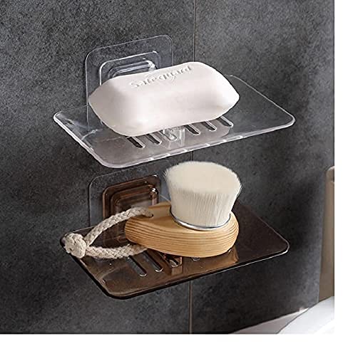 Favhome Wall Mounted Self Adhesive Soap Box Holder With Drain Soap Case With Classic Transparent Design For Modern Bathrooms Kitchen - Mix Colors - Pack Of 2 Pieces - Plastic - Image 3