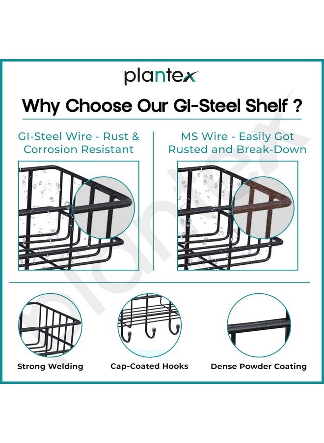 Plantex Self-Adhesive Bathroom Accessories Multipurpose Bathroom Shelf with Hooks/Towel Holder/Rack - GI Steel - Pack of 4 (Black,Powder Coated) - Image 3