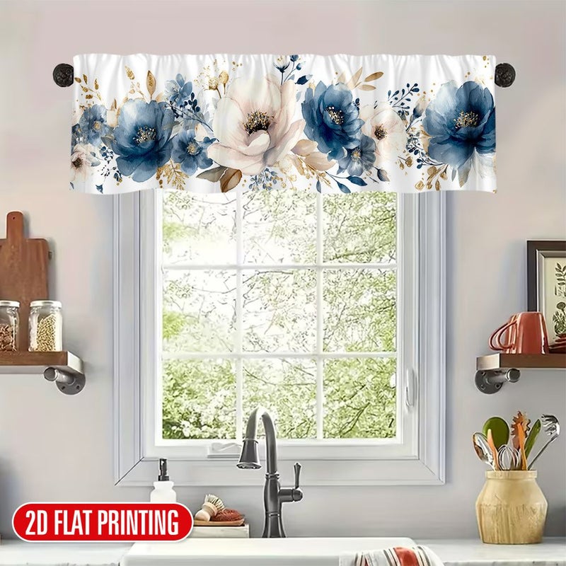 2D Flat Blue Floral Printed Valance Curtain 175x45cm Polyester For Cafe Living Room Kitchen Bedroom Holiday Decoration - Image 1