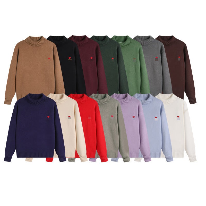 New High-Neck Red Versatile Knit Casual Comfortable Unisex Couple Trendy High-Neck Small Heart Sweater Trend - Image 2