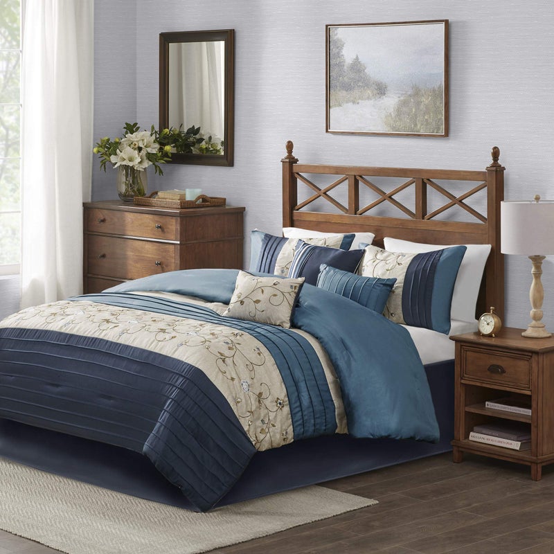 madison park Madison Park Serene Faux Silk Comforter Set  Floral Embroidery Design All Season Bedding Set Matching Bed Skirt Decorative Pillows Navy Queen90x90 7 Piece 