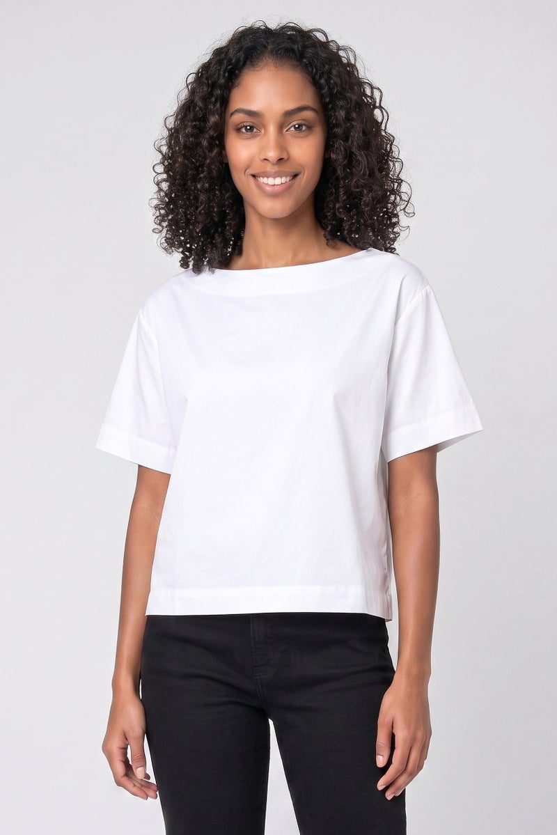 Threadbare Women Boat Neck Solid Short Sleeve T-Shirt, White - Image 1