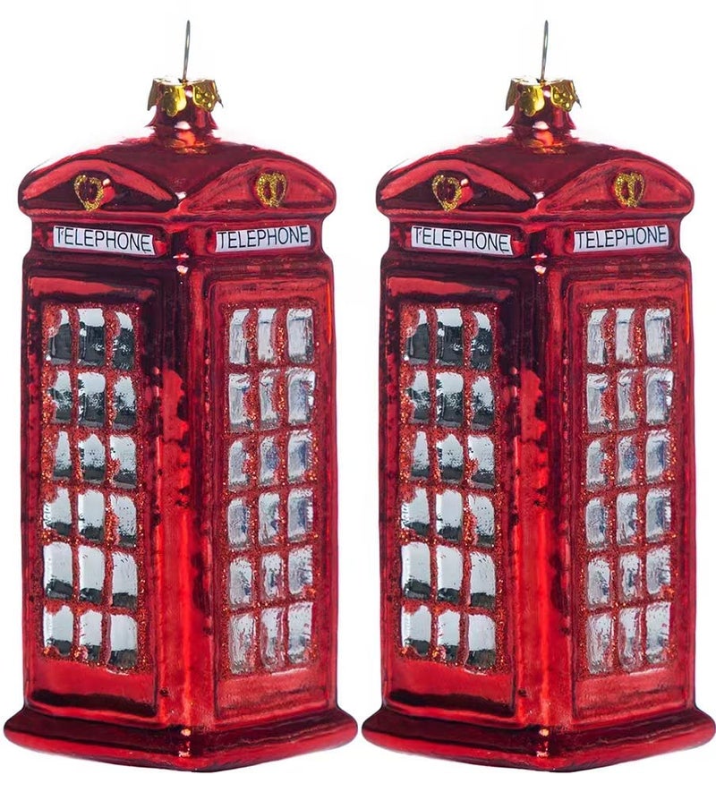 GAUMAANLEI مجموعة من 2 زينة شجرة عيد الميلاد على شكل كشك هاتف زجاجي لندن، زينة بريطانية زجاجية مصنوعة يدويًا لعيد الميلاد