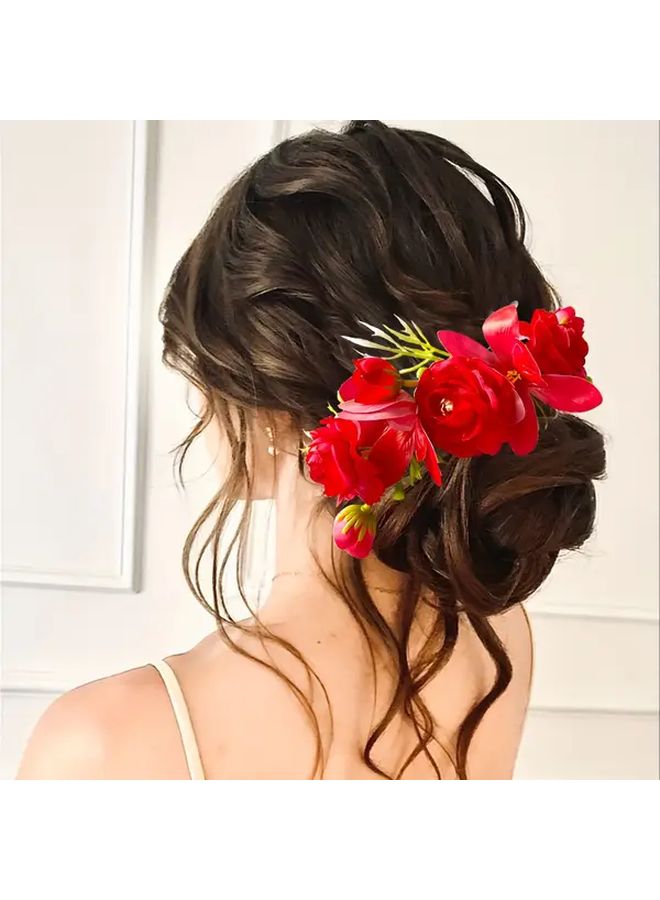 مشط زفاف بوهيمي أحمر مع أوركيد أبيض وورود صناعية لتزيين شعر العروس - Image 3
