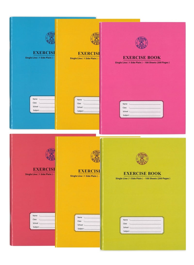 Sadaf دفتر تمارين بحجم A5 مكون من 6 قطع بسطر واحد مع جانب واحد سادة 200 صفحة بأغلفة متنوعة - Image 1