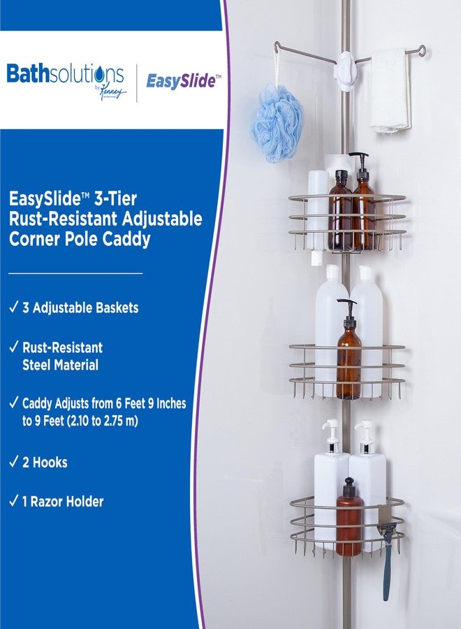 Kenney KN614128 Easy Slide Adjustable Height (6' 9"-9') Spring Tension Metal Corner Pole Shower Caddy with 3 Adjustable Rust-Resistant Basket Shelves, Towel Bars, and Razor Holders, Brushed Nickel - Image 2