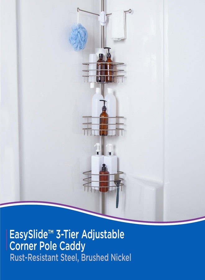 Kenney KN614128 Easy Slide Adjustable Height (6' 9"-9') Spring Tension Metal Corner Pole Shower Caddy with 3 Adjustable Rust-Resistant Basket Shelves, Towel Bars, and Razor Holders, Brushed Nickel - Image 3