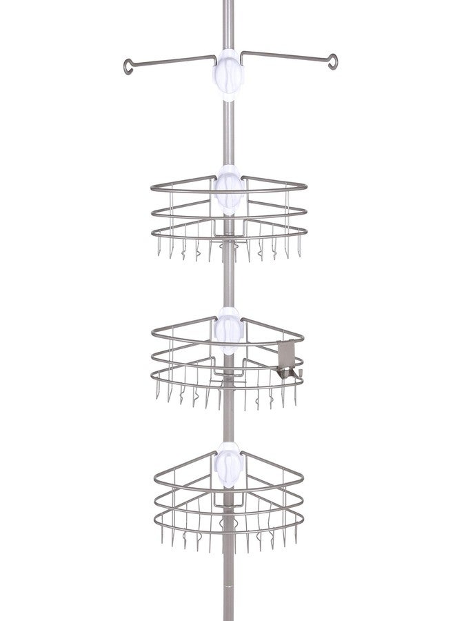 Kenney KN614128 Easy Slide Adjustable Height (6' 9"-9') Spring Tension Metal Corner Pole Shower Caddy with 3 Adjustable Rust-Resistant Basket Shelves, Towel Bars, and Razor Holders, Brushed Nickel - Image 1
