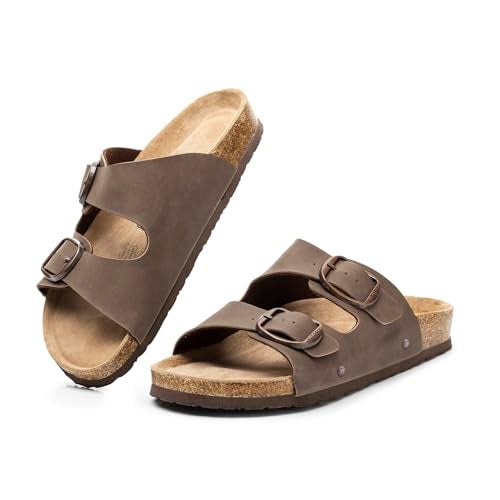 FITORY Womens Flat Sandals with Cork Footbed, Open Toe Slides Adjustable Slip On Slippers for Summer Brown Size 8 - Image 5