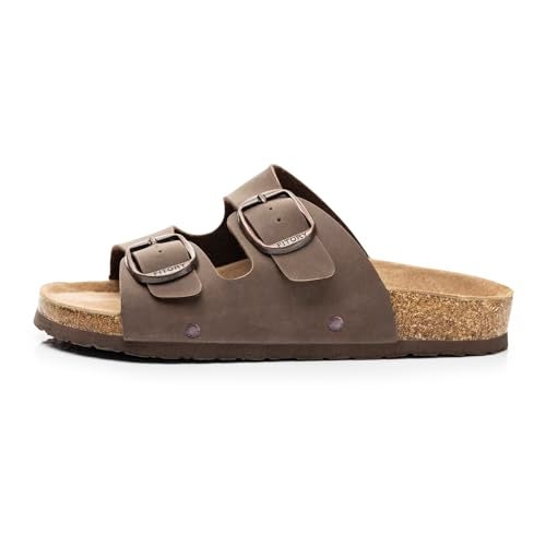 FITORY Womens Flat Sandals with Cork Footbed, Open Toe Slides Adjustable Slip On Slippers for Summer Brown Size 8 - Image 2