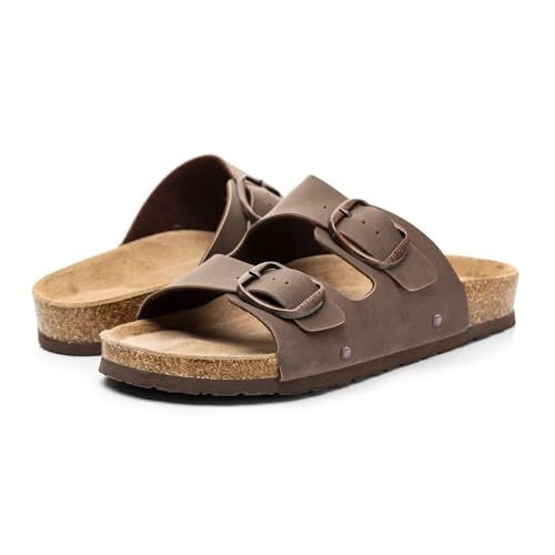 FITORY Womens Flat Sandals with Cork Footbed, Open Toe Slides Adjustable Slip On Slippers for Summer Brown Size 8 - Image 3