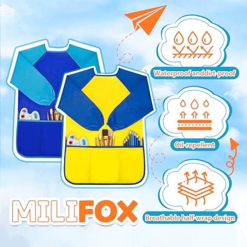 Milifox 2 Pack Kids Art Smock, Toddler Painting Smock,Waterproof Long Sleeve Kids Art Apron with 3 Pockets for Children - Image 4