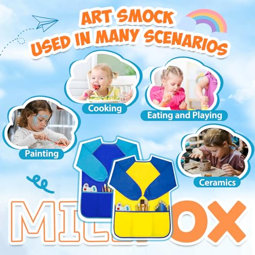 Milifox 2 Pack Kids Art Smock, Toddler Painting Smock,Waterproof Long Sleeve Kids Art Apron with 3 Pockets for Children - Image 5