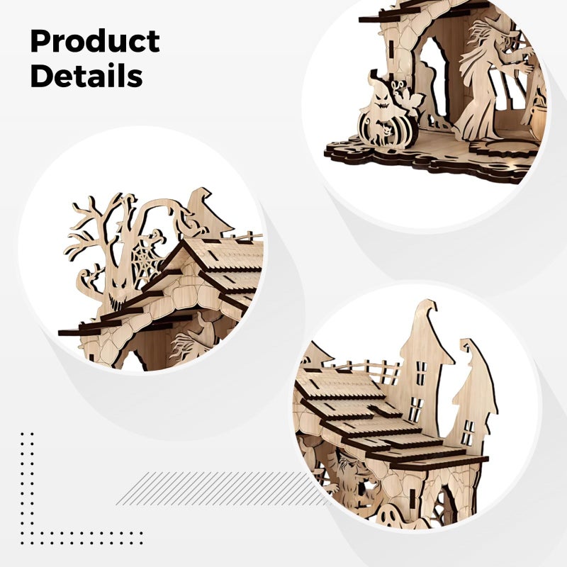 ديكور منزل خشبي ثلاثي الأبعاد لعيد الهالوين، طقم DIY لمصباح الساحرة والشبح، مقاس 10.9 × 8.8 × 7.5 بوصة - Image 4
