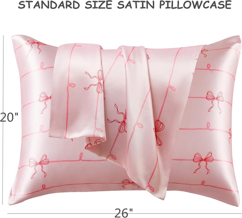 URLINENS غطاء وسادة من الساتان عبوة من 2 مشابه لأغطية الوسائد الحريرية مقاس قياسي، غطاء وسادة ناعم للنساء للنوم مع إغلاق مغلف، هدايا للفتيات والنساء، قوس وردي، 20×26 بوصة، قطعتان - Image 3