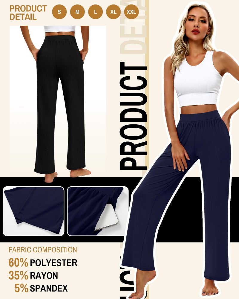Huukeay 3 Pack Women's Lounge Pants, Cozy Wide Leg Lounge Slacks with Pockets Loose Flowy Yoga Sweatpant Workout Comfy Jogger(Black, Navy Blue, Apricot,XX-Large) - Image 3