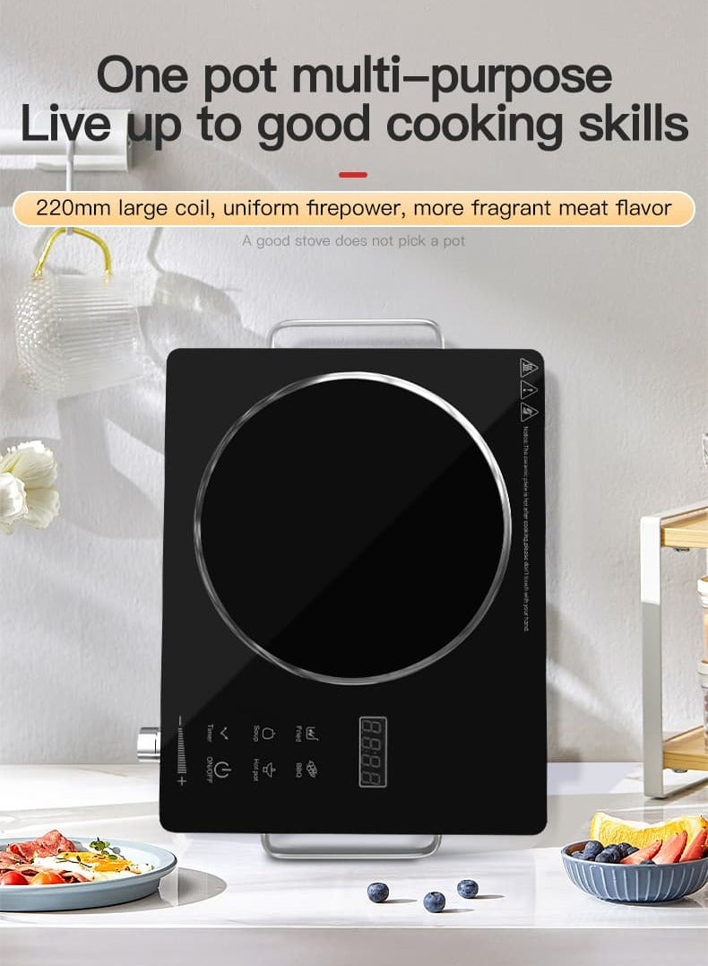 أديلي موقد كهربائي بالأشعة تحت الحمراء 2200 واط محمول، موقد سيراميك للطاولة مع شاشة LED رقمية، 5 مستويات حرارة قابلة للتعديل، تسخين سريع وهادئ، تحكم باللمس، تصميم متعدد الوظائف، حماية من الحرارة الزائدة - Image 2