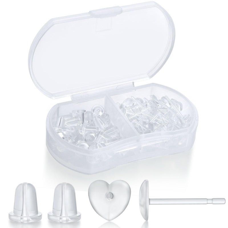 Formulen Clear Earrings Backs Post for Sports and Work, Heart Shape Plastic Earring Posts for Sensitive Ears with 10 PCS Silicone Earring Backs - Image 1