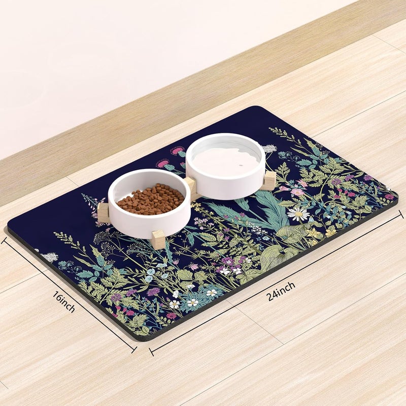 Rnivvi Dog Food Mat, 16" x 24" Flower Absorbent Dog Cat Bowl Mat for Food and Water, Cute Anti-Slip Rubber Pet Feeding Rug Protect Floors, Puppy Placemat for Feeding & Watering Supplies,Black Floral - Image 2