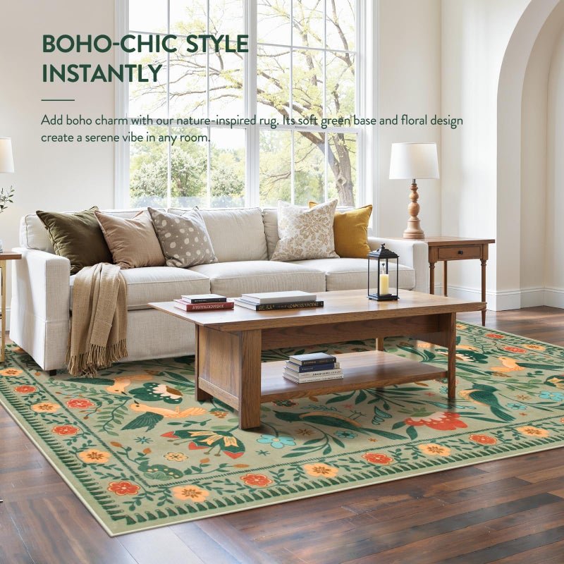 Moynesa Green Washable 8x10 Area Rugs for Living Room Bedroom Dining Room, Modern Farmhouse Country Floral Bird Print Pattern Medallion Carpet, Aesthetic Home Decorations Open Floor Areas Protection - Image 2