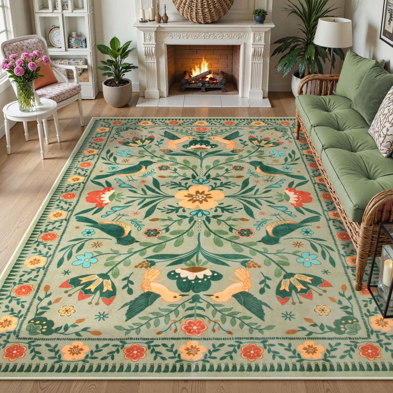 Moynesa Green Washable 8x10 Area Rugs for Living Room Bedroom Dining Room, Modern Farmhouse Country Floral Bird Print Pattern Medallion Carpet, Aesthetic Home Decorations Open Floor Areas Protection - Image 1