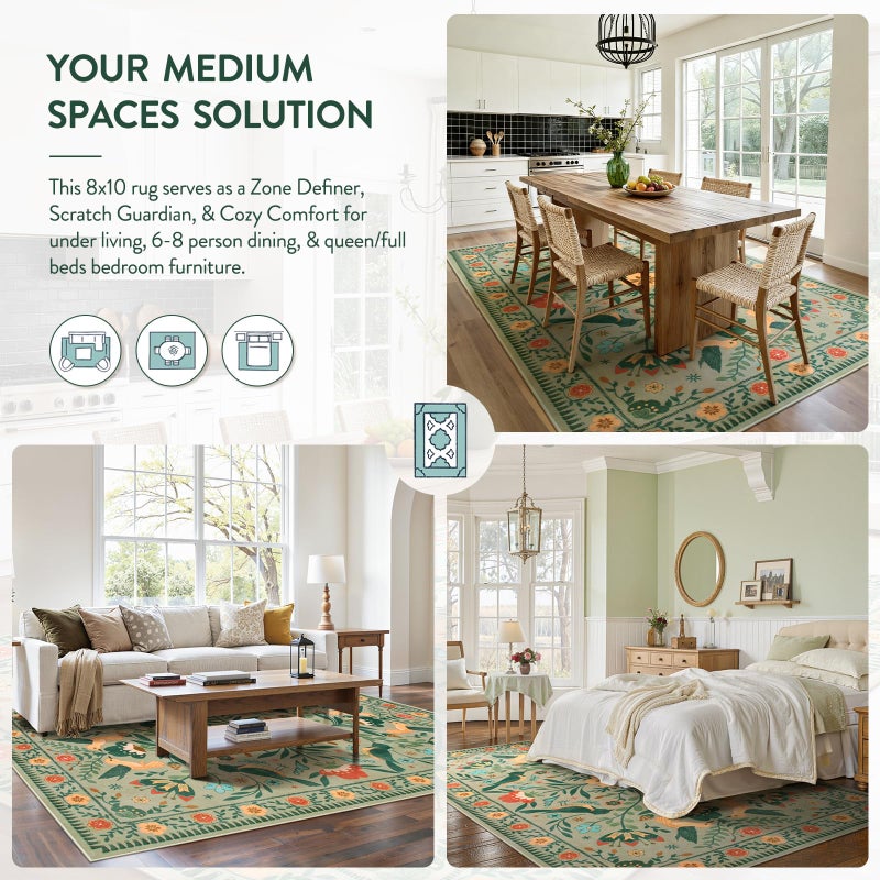 Moynesa Green Washable 8x10 Area Rugs for Living Room Bedroom Dining Room, Modern Farmhouse Country Floral Bird Print Pattern Medallion Carpet, Aesthetic Home Decorations Open Floor Areas Protection - Image 4