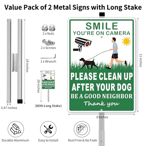Frohllia 2 Pack Clean Up After Your Dog Signs Please Pick Up After Your Dog Sign for Yard No Pooping Dogs Signage for Yards 8x28 Heavy Duty Aluminum Weather Resistant and Easy to Install with Stake Green - Image 3